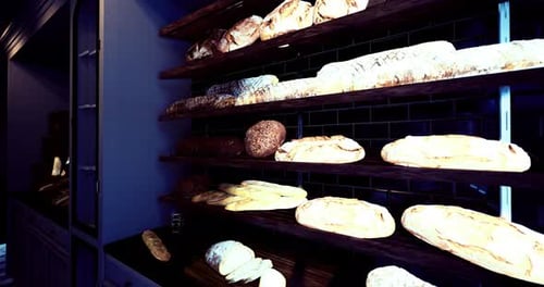 Bread on Display in a Bakery Shop with Various Types and Textures