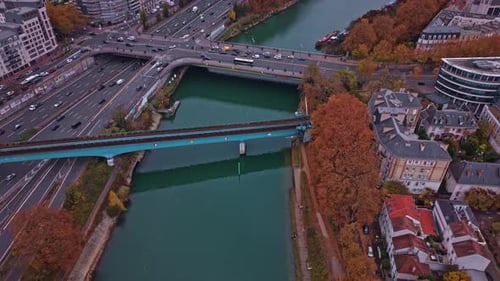 Aerial Drone View of Busy City Bridges Over Green River