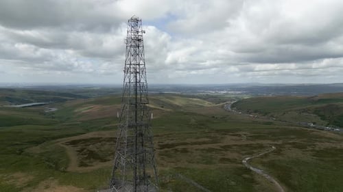 Drone Aerial Footage of Windy Hill Transmitter and the M62 Motorway in the distance, Britain's highe