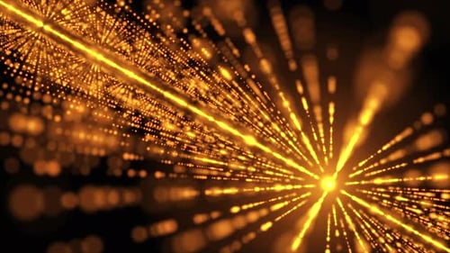 Gold light rays and shining particles on dark background. Endless shining light mirror tunnel.