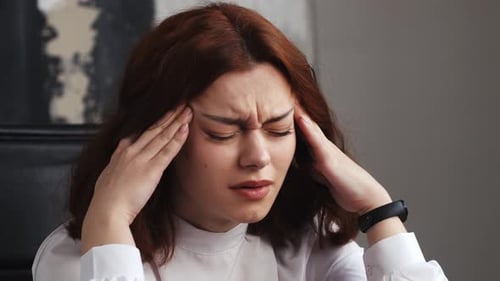 Close Up Caucasian Upset Frustrated Sad Worried Woman Girl Businesswoman Holding Head Headache