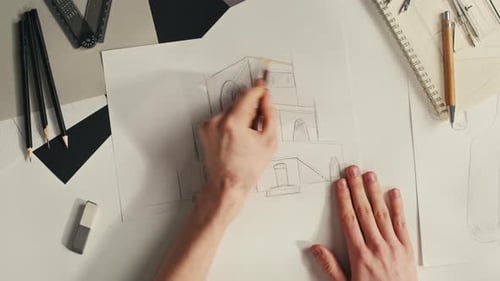 Young Man Artist is Drawing Buildings By Colour Pencil on White Paper Top View The Architect Making