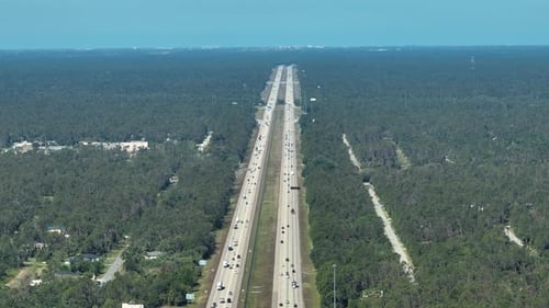 Aerial View of American Freeway with Many Driving Cars During Rush Hour in Florida View From Above