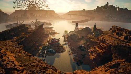 Paisaje de cañón iluminado por el sol con agua, ruinas y el horizonte lejano de la ciudad.