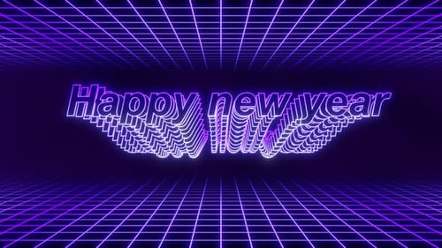 Flying Purple Happy New Year Neon Text Seamless Synthwave Retro Animation