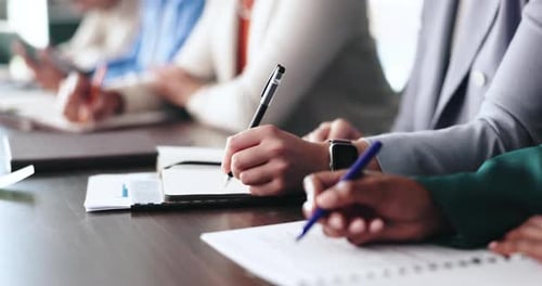 Hands, meeting and writing with business people in seminar or workshop for development