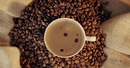 Coffee, above and cup with beans at cafe for strong caffeine, latte or cappuccino on table