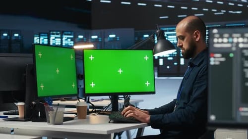 Person Monitoring Energy Consumption Across Servers with Chroma Key Desktop PC