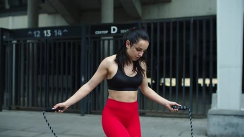 Athletic Woman Skipping Rope Outside in Urban Setting
