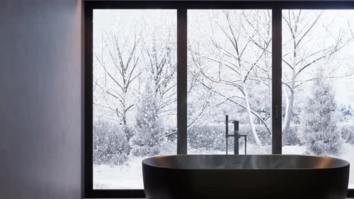 Modern Bathroom Bathtub with Snowy Winter Scene Animation