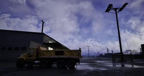 Construction Truck Parked Near Building Under a Moody Sky at Dusk