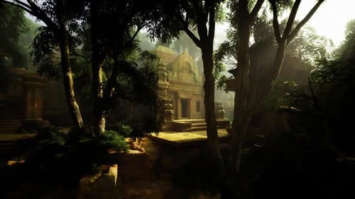 Le soleil matinal diffuse une douce lueur sur les marches envahies par la végétation et les paysages tranquilles