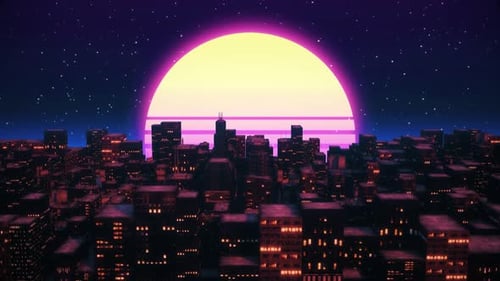 Retro-futuristic 80s style with neon city backgrounds. Seamless loop of cyberpunk cityscape