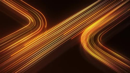 Linhas amarelas brilhantes sobre fundo laranja. Listras de informações de néon voando. Transferência de big data. Curva