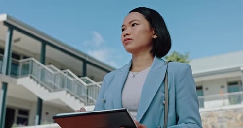 Asian realtor woman, tablet and city on search for property, house or building for sale