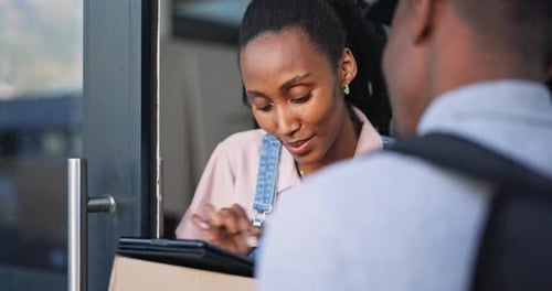Tablet, black woman and signature in delivery, happy and parcel, box or package by door in home