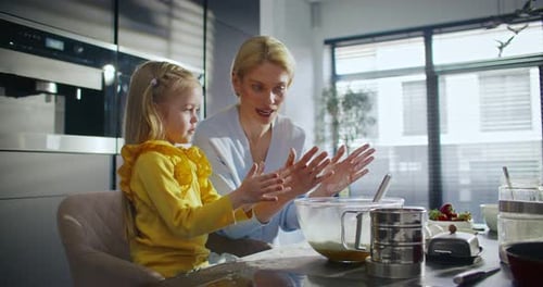 Camera View of Friendly Caucasian Family Enjoying Playing Together Caring Mother with Her Daughter