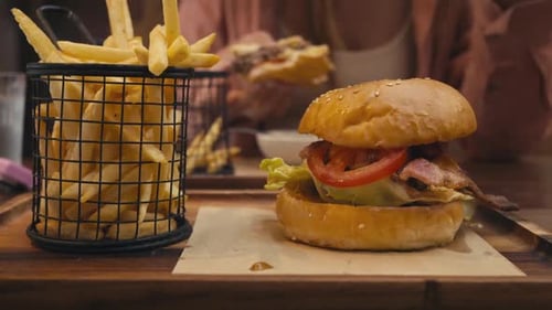 Fast Food Big Burger Crispy French Fries Restaurant Setting Closeup Fast Food Convenience