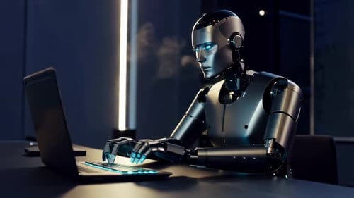 Advanced Humanoid Robot Working on Laptop in Dark Tech Lab