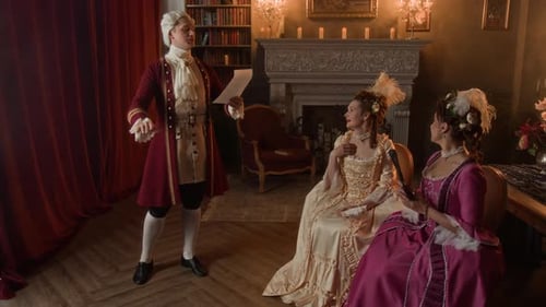 Elegant Historical Scene: Man Performing for Seated Women