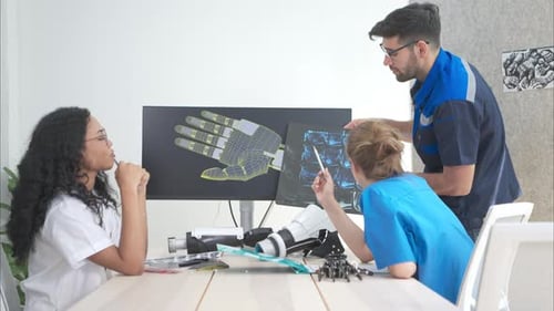 Engineers, doctors and physical therapists brainstorm ideas to design a robot