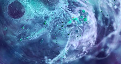 Farbenfrohe abstrakte Fluid Art Flüssigpartikel aus Acryl, die um Makroblasen wirbeln, mit Psychedelic