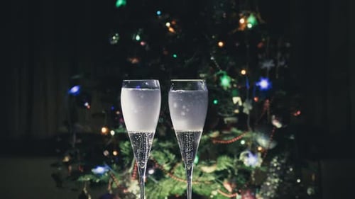 Sparkling Wine Near Christmas Tree Twinkling Lights