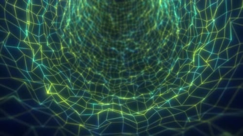 Neon green mesh tunnel flowing into darkness, creating an immersive digital grid pattern