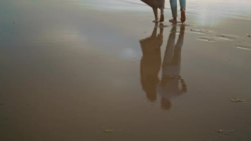 Lovers Feet Walking Sand Beach at Sea Vacation. Unrecognizable Couple Stepping On