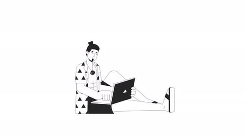 Hawaiian shirt man with laptop bw outline 2D character animation