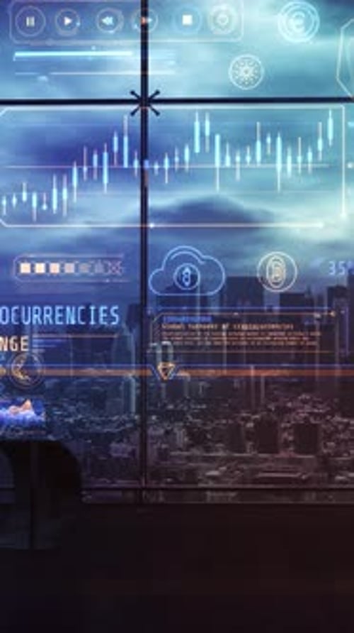 Futuristic HUD Display with Animated Cryptocurrency Data Overlay