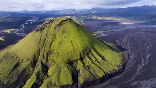 Aerial view of Maelifell mountain and volcanic landscape, Iceland.
