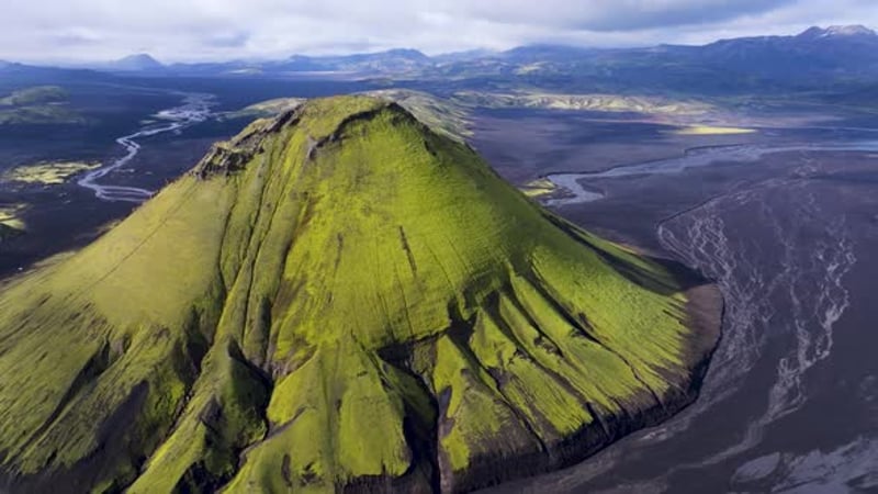Aerial View Of Maelifell Mountain And Valleys Iceland Overhead Stock aerial-view-of-maelifell-mountain-and-valleys-iceland-overhead-stock