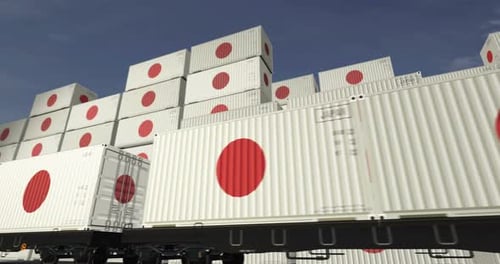 Japan export containers on cargo train wagons loop