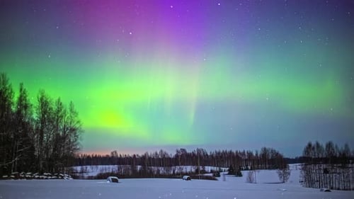 Shot of Northern lights aurora polaris over snow covered field with stars in motion at night time. M