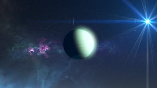 Shining Planet in Cosmic Nebula with Lens Flare Background