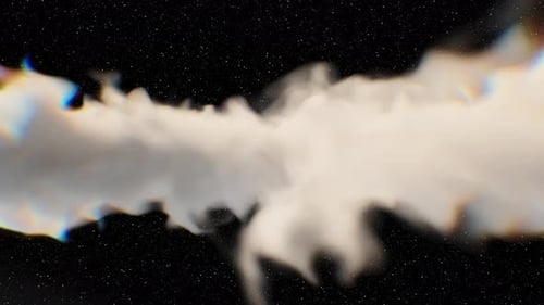 Deep space journey, flying through glowing white clouds with subtle chromatic aberration and rainbow