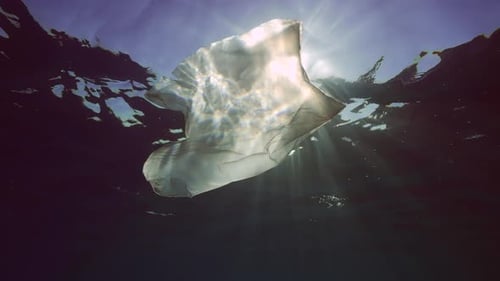 Vista inferior de la bolsa de plástico desechable blanca usada que se hunde lentamente bajo el sol