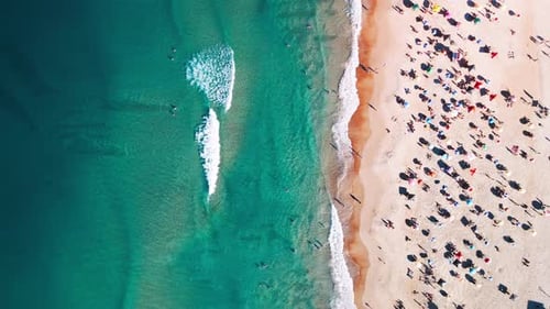 Vista aérea de cima para baixo da praia tropical com pessoas relaxando na areia da Ilha de Santa Catarina, Brasil