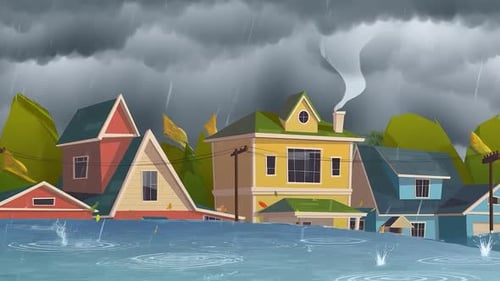 Flooded City Street During Heavy Rain - Houses Submerged in Flood - Storm - Climate Change