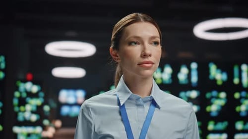 Smiling IT Woman Posing Big Warehouse Datacenter Closeup Lady Looking Camera