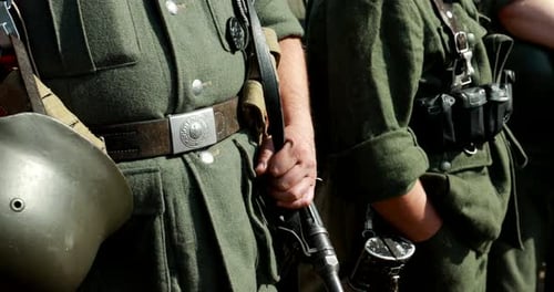 Closeup View On Reenactor Dressed As German Wehrmacht Infantry Soldier In World War Ii German