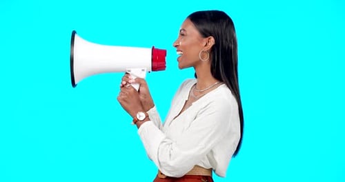 Young Adult Woman Shouting Into Megaphone