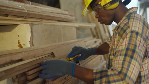 Carpenter Measuring Lumber in Workshop