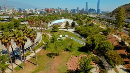 Aerial View of Scenic Urban Park with Palm Trees and City Skyline in Sunshine