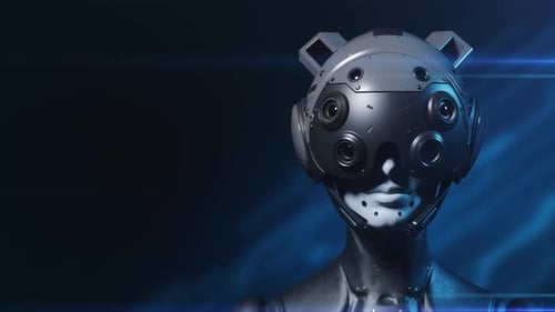 Der Roboter setzt einen Helm mit Transformationseffekt auf und beobachtet, was passiert.