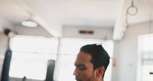 Exercise, skipping rope or man jumping in gym with fitness for health, training