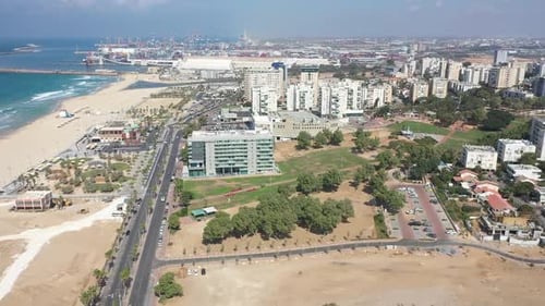 Aerial video on the coastline of Ashdod Israel on a sunny day