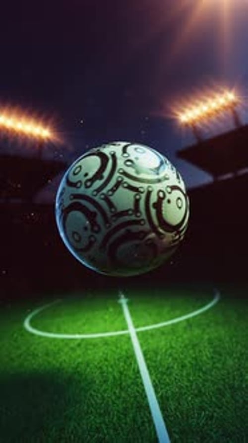 Tech pattern soccer ball rotating in stadium.