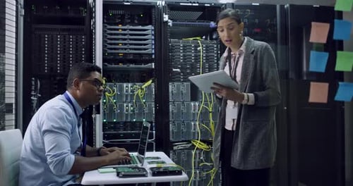 Server Room Team Inspecting Cables and Data